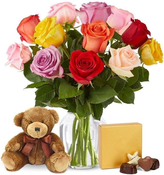 From You Flowers - One Dozen Rainbow Roses with Chocolates & Bear with Glass Vase | Fresh Flower Bouquets for Birthday, An...