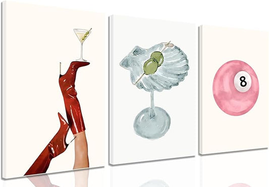 Framed Funky Martini Posters Wall Art Set of 3, Vintage Preppy Aesthetic Canvas Prints, Trendy Pink Number 8 Y2K Girl Room...