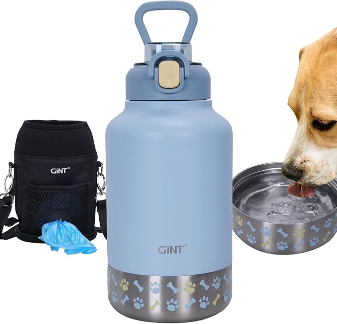 GiNT 37oz Insulated Stainless Steel Dog & Human Water Bottle, All-in-1 Travel Dispenser with Detachable Bowls & Carrying C...