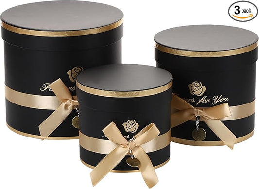 Set of 3 Cylinder Luxury Flower Boxes with Lids Round Florist Gift Ribbon Bow Cardboard Packaging Box for Flowers, Nested ...