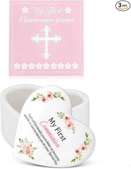 Funtery First Communion Gifts for Girls Ceramic Jewelry Keepsake Box with a Pray Card 1st Holy Communion Gifts for Girls B...