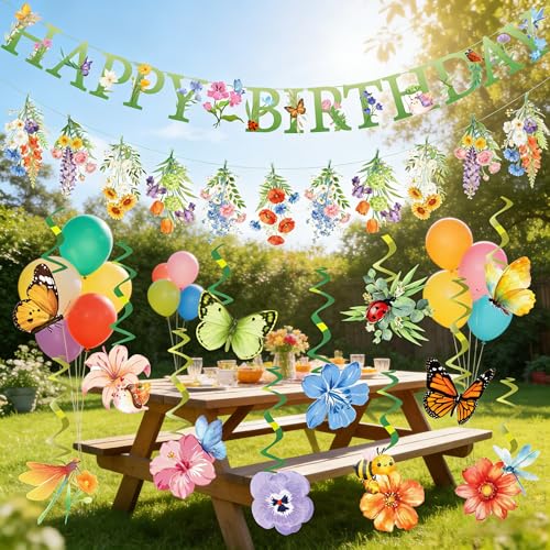 Spring Flower Birthday Decorations, Wildflower Party Decorations include Happy Birthday Banner and Flower Themed Hanging S...