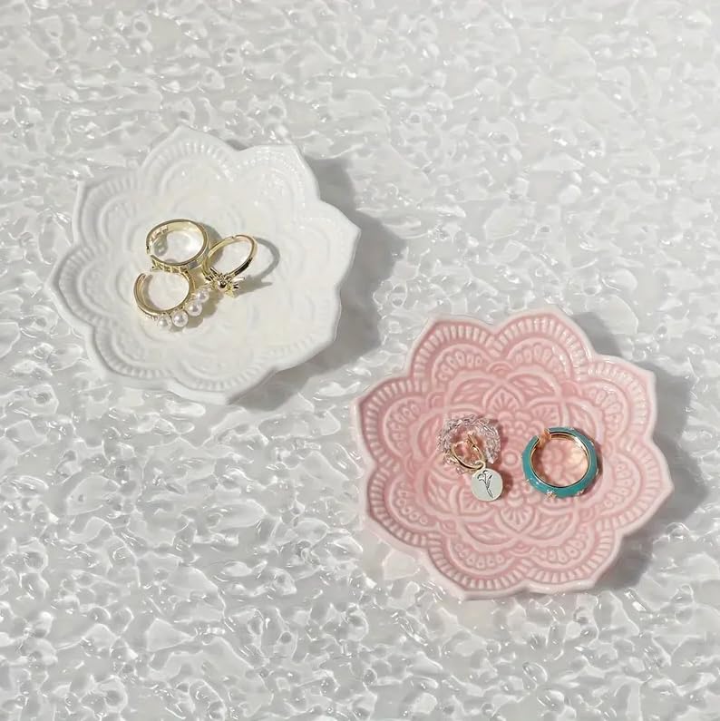 Jewelry Dish Tray Ring Dish Ceramic Tray Mandala Flower Shape Trinket Plate Jewelry Organizer Dish