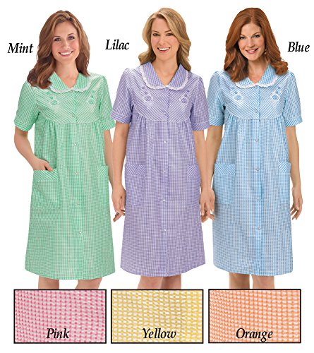 Collections Etc Gingham Robe with Floral Accents, Snap-Front Closure and Lace Trim