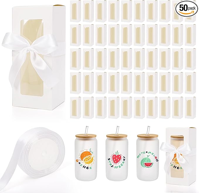 Mezchi 50 Pack Tumbler Gift Box with Window & Ribbon for Sublimation, Glass Cup Packaging for 12oz 16oz 20oz Drinking Jar...