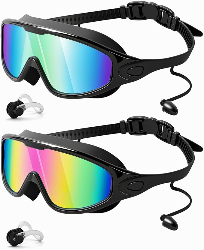Rantizon Swim Goggles 2 Pack, Wide View Anti Fog&UV Swimming Goggles for Audlt, No Leak Pool Beach Essentials for Men Women