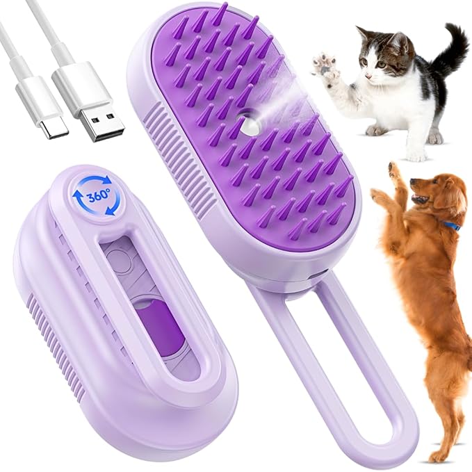 Cat Steam Brush for Shedding, 4-in-1 Rechargeable Pet Grooming Brush for Cats & Dogs, Anti-Static, Massage, Cleaning & Com...