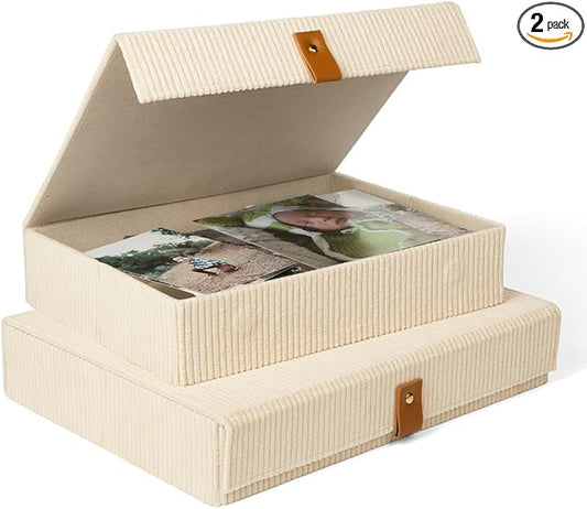 cherish & dwell Pretty Corduroy Decorative Storage Boxes with Lids (Set of 2) – Keepsake Boxes for Photos, Memory Boxes fo...