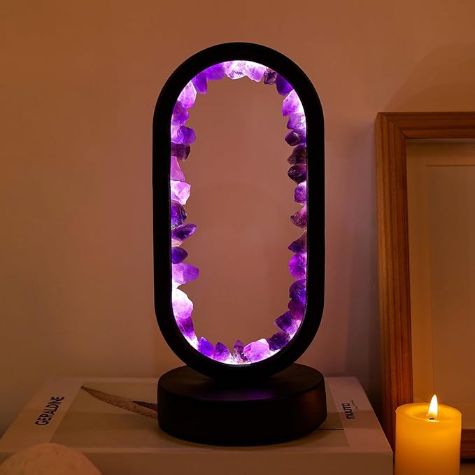 Runyangshi Crystal Lamp Amethyst Raw Stone Ellipse Night Lamp Natural Healing Crystal Night Light Table Lamp Base USB Port...