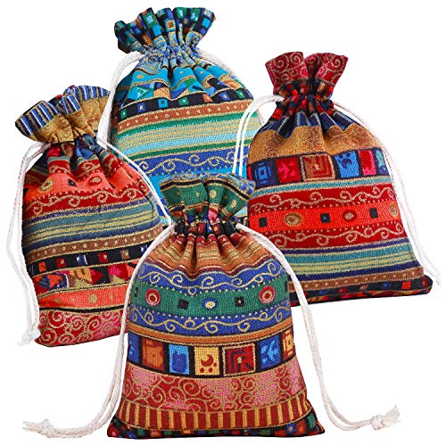 PINOWU Ethnic Style Drawstring Gift Bag 5x7 Cotton Reusable Pouches (12pcs) Jewelry Coin Storage Pouch Eco-Friendly Sachet...