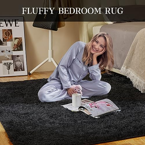 KNZE Super Soft Area Rugs for Living Room 5x7 Black, Fluffy Furry Shaggy Fuzzy Area Rug, Upgrade Anti-Skid Rectangular, Hi...