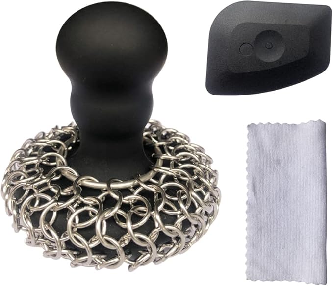 316 Upgraded Chainmail Scrubber with Silicone Handle Cast Iron Cleaner for Cast Iron Grill Pan Skillet Wok Bakeware Ergono...