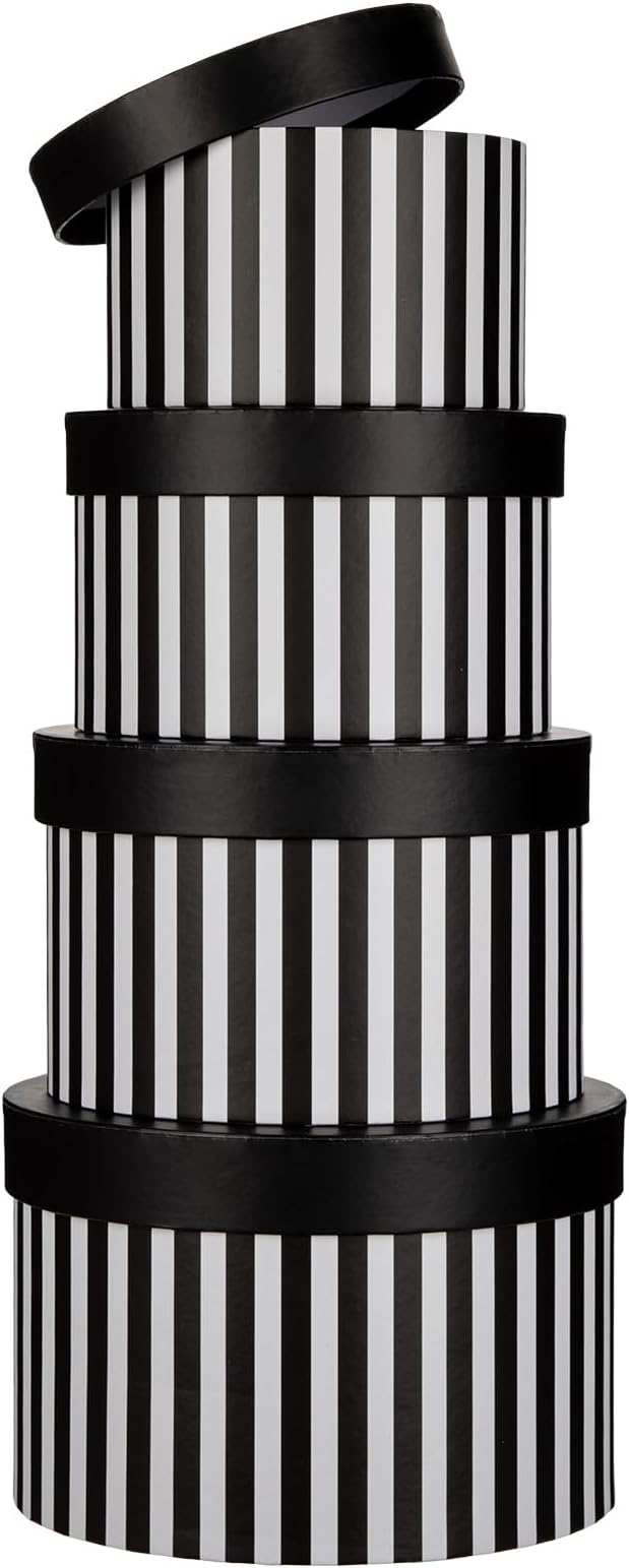 Oairse Gift Boxes with Lids for Presents Black and White Striped Round Box for Flower Arrangements Set of 4 Nesting Gift B...