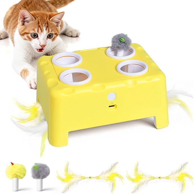PETSWEET Cheese Box Interactive Cat Toy for Indoor Cats, 3-in-1 Whack a Mole Feather Toy, 3 Modes Rechargeable Auto Cat To...