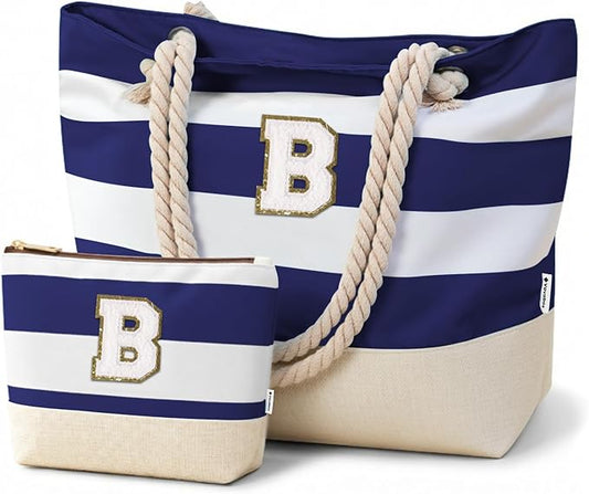 Vavabox Initial Beach Tote Bag for Women, Water-resistant Travel Beach Bag Pool Bag Set, Birthday Gifts for Women Mom