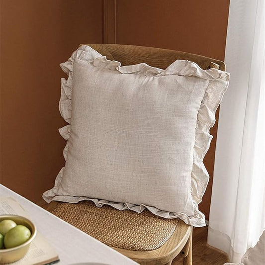 King Linens 100% French Linen Throw Pillow Covers - Set of 2 - Washed Flax Decorative Ruffled Square Cushion Cover Solid C...