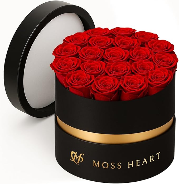Moss Heart 20 Mini Preserved Roses, Round Luxury Gift Box, Real Forever Roses Last 1+ Year, Premium Romantic Gift for Wome...