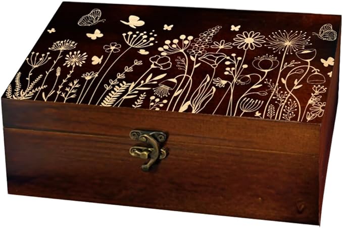 arricraft 1 Pc Wooden Memory Keepsake Box, Wildflower Cluster Butterflies Engraved Pattern Rectangle Pine Tarot Box for An...