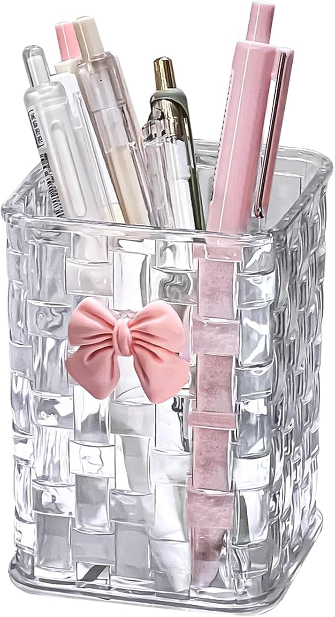 CCREDONE Acrylic Pen Holder for Desk, Clear Pencil Organizer Makeup Brush Cup Holders with Bow Back To School Accessories ...