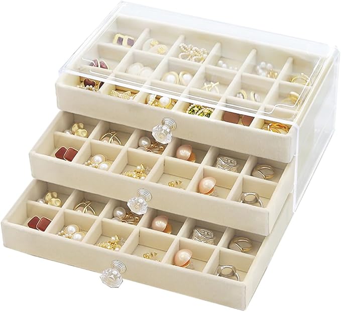 SPAKOWN Earring Box Holder Organizer Display Case, Clear Velvet Jewelry Storage Tray Organizer for Earring Ring Stud (Beig...