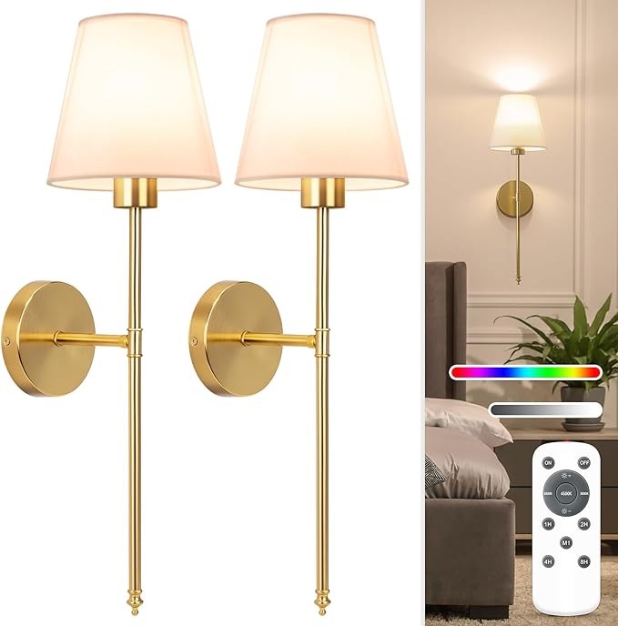 NIORSUN Battery Operated Wall Sconce Set of 2,Gold Rechargeable Wall Lights with 5200mAh Dimmable Bulbs and Remote,10 Colo...