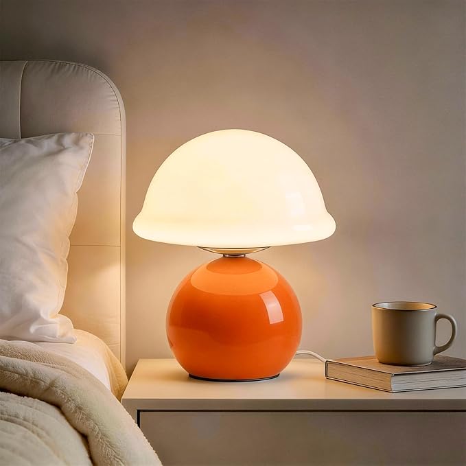 Komothala Mushroom Table Lamp for Bedroom, Cozy Bedside Lamp with Glass Shade, Stepless Dimmable Nightstand Lamp for Relax...