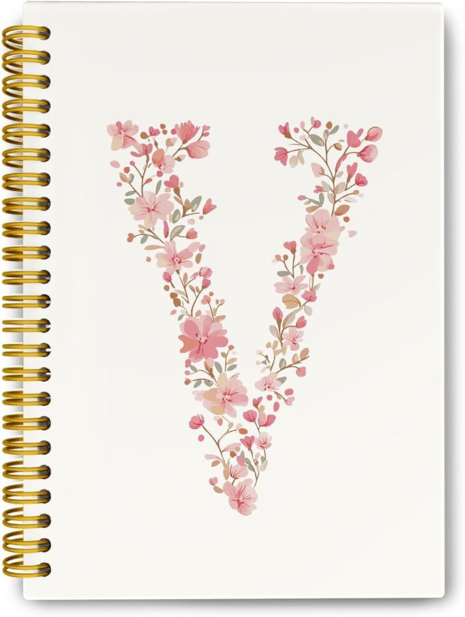 QROZIAR Pink Cute Spiral Notebook Journal, Preppy Floral Initial Letter V Personalized Journaling Notebooks, Monogrammed G...