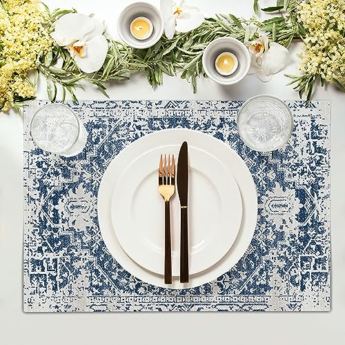 Navy Blue Gray Boho Placemats Set of 6 Ethnic Bohemian Carpet Place Mats Washable Kitchen Dining Vintage Grey Geography Fl...