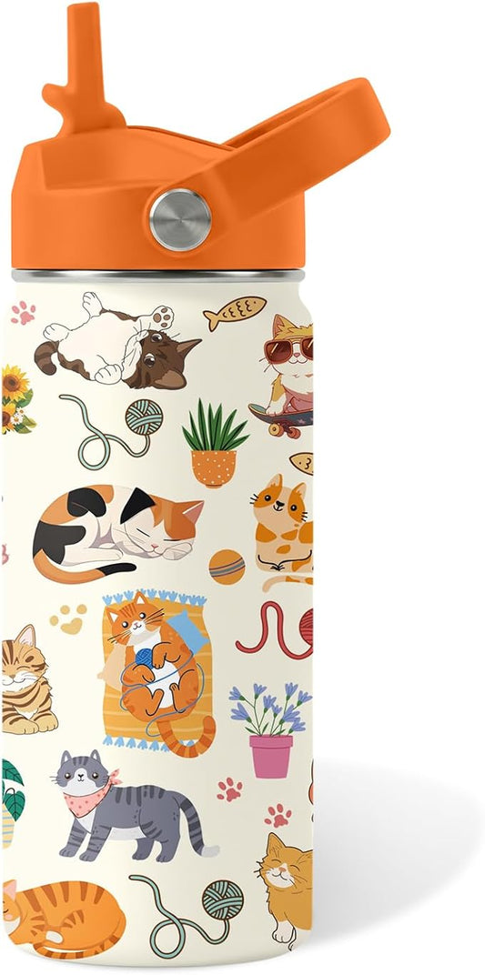 Cat Gifts for Kids - 16 Oz Orange Cat Water Bottle with Straw Lid, Stainless Steel Insulated Tumbler, Leak Proof, for Boys...