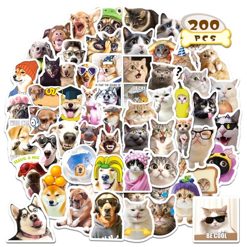 Yqskt 200 PCS Cat and Dog Meme Stickers Pack, Funny Meme Pet Stickers for Water Bottles Car Hard Hat Laptop, Waterproof Vi...