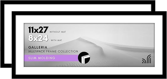 Americanflat 11x27 Picture Frame with Polished Plexiglass - Set of 2 - Use as 8x24 Frame with Mat or Display 11x27 Photo W...