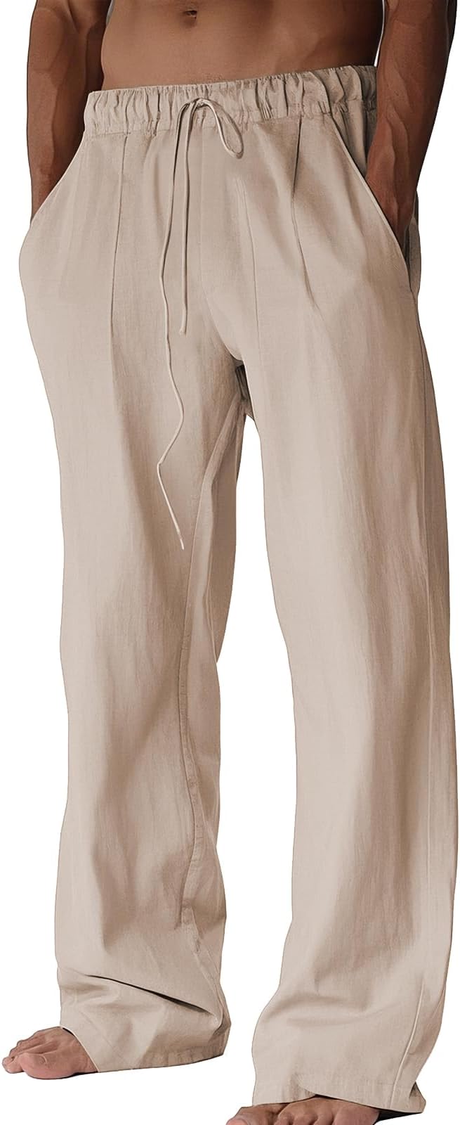 BUXKR Men's Linen Pants Beach Casual Cotton Summer Lightweight Elastic Waist Drawstring with Deep Pockets