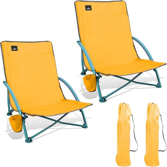 NORTHROAD 2 Pack Low Folding Beach Chair,Portable Lightweight Lowback Sling Chair, Outdoor Low Seat Camping Chair w/Cup Ho...