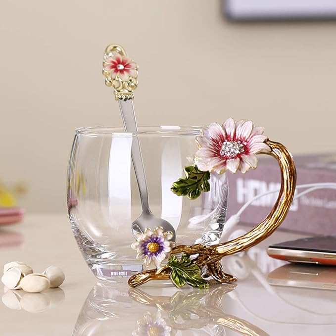 JY-Danbady Enamel Sunflower Crystal Lead-Free Glass Tea Cup with Spoon Set, Present for The Christmas, Valentine's Day.Bes...