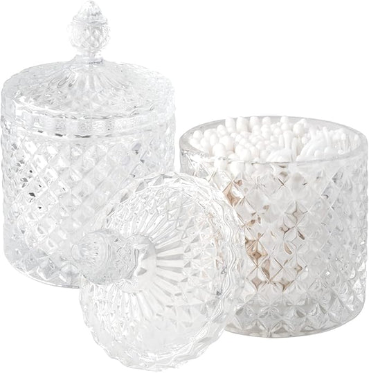 2 Pack Qtip Holder Thick Glass Apothecary Jars with Lid for Bathroom Decor Storage Organizer for Cotton Swabs, Balls, Pad...
