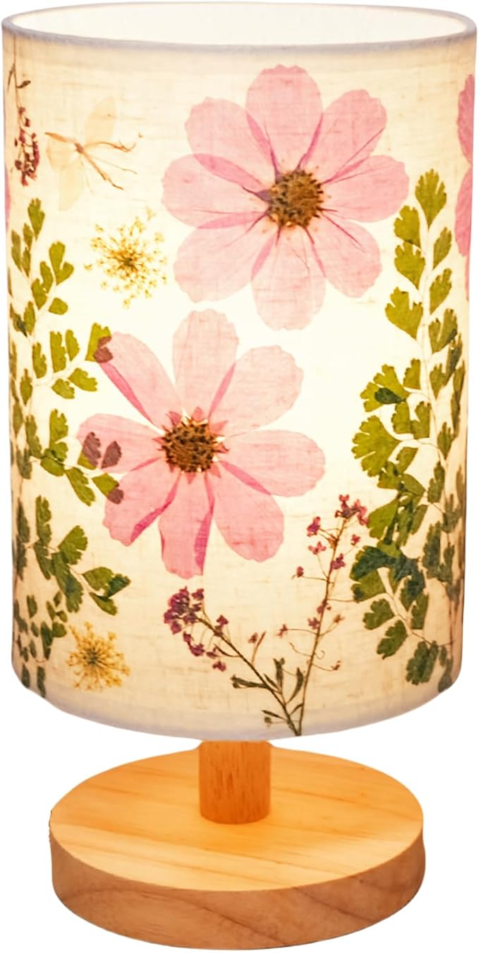Floresita Dried Flowers Small Table Lamp 5W LED 3-Color Bedside Lamp Pressed Flowers Lampshade with Wood Base for Bedroom ...