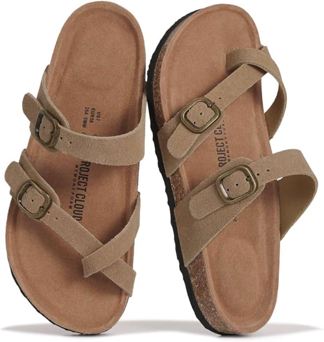 Project Cloud 100% Genuine Leather Womens Sandals -Lightweight Womens Slides Memory Foam Insole & Cork Footbed Sandals Wom...