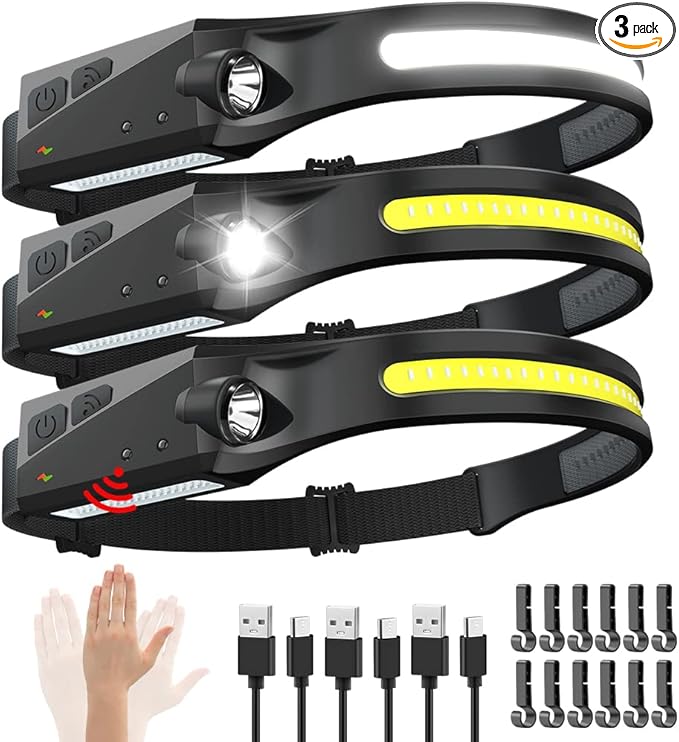 Rechargeable Headlamp 3PCS, 230° Wide Beam Head Lamp, Motion Sensor LED Headlamp Rechargeable, 5Mode Bright Headlamps for ...