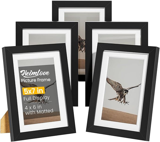 5x7 Picture Frame Set of 5,Display 4x6 Pictures with Mat or 5x7 without Mat, Black 4x6 Photo Frames Tabletop or Wall Mount...