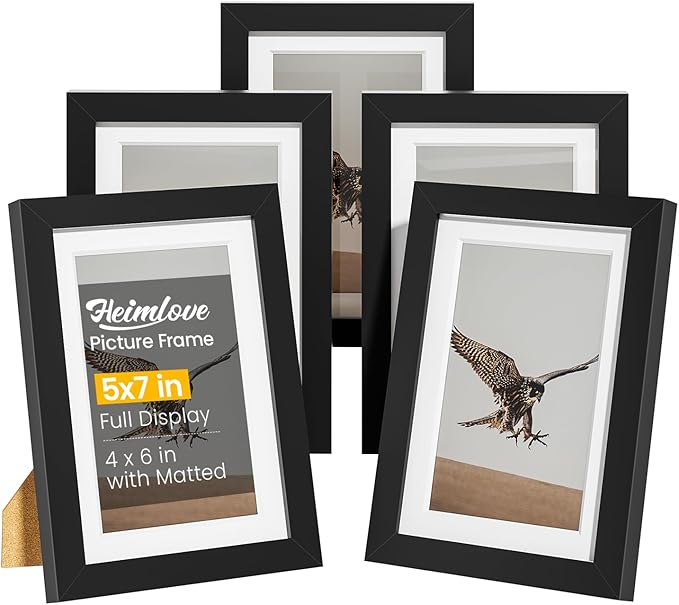 5x7 Picture Frame Set of 5,Display 4x6 Pictures with Mat or 5x7 without Mat, Black 4x6 Photo Frames Tabletop or Wall Mount...
