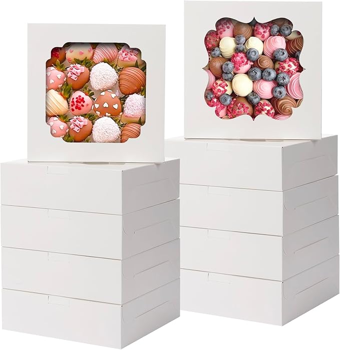 TOMNK 60pcs Cookie Boxes, 8x8x2.5 Inches Bakery Boxes with 2 Style Windows for Chocolate Strawberries, Pie, Pastry, Desser...