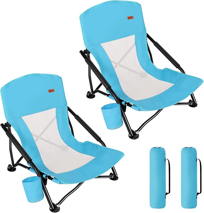 TOBTOS Low Beach Chair for Adults 2 Pack, Low Profile Folding with Cup Holder & Carry Bag, Heavy Duty Chair for Outdoor Sa...