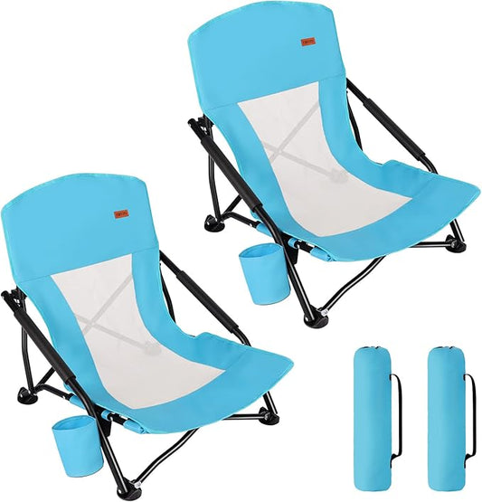 TOBTOS Low Beach Chair for Adults 2 Pack, Low Profile Folding with Cup Holder & Carry Bag, Heavy Duty Chair for Outdoor Sa...
