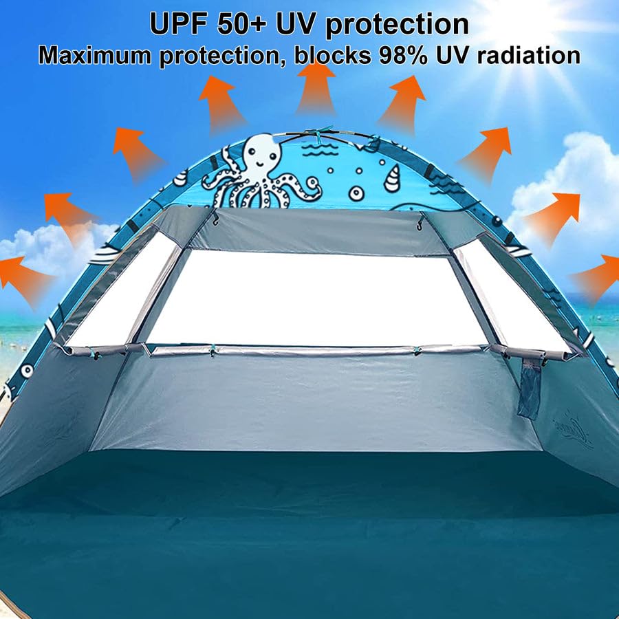 Ocean World 3-4 Person Family and Baby Beach Tent – Cool Beach Essentials for Shade, UPF 50+ UV Protection and PU800 Water...