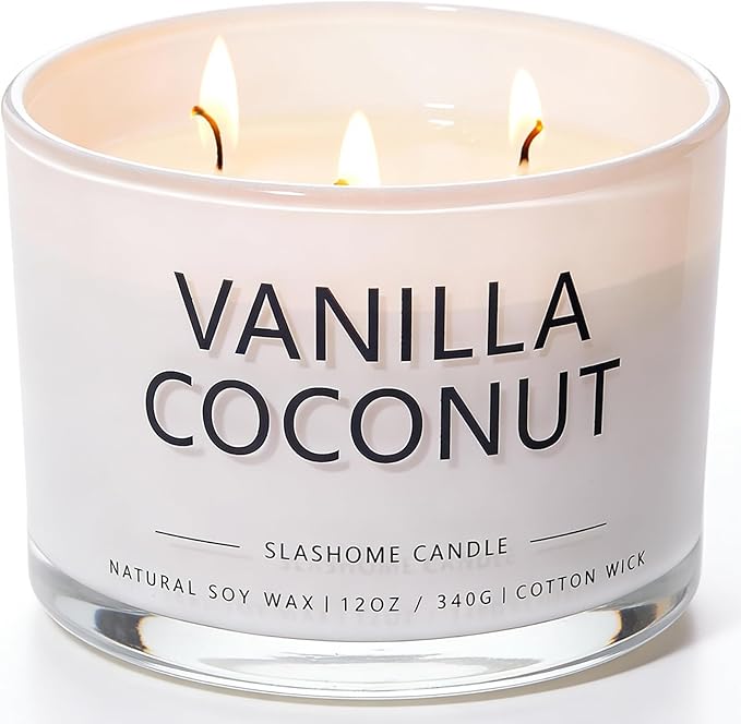 Vanilla Coconut Scented Candle, Luxury Large 3 Wick Soy Candle 12 Oz, 60+ Hour Long Lasting Clean Burn, Elegant Aromathera...