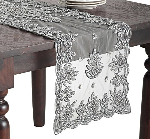 SARO LIFESTYLE Lakshmi Collection Beaded Table Runner 16" x 90" Pewter 1 Piece
