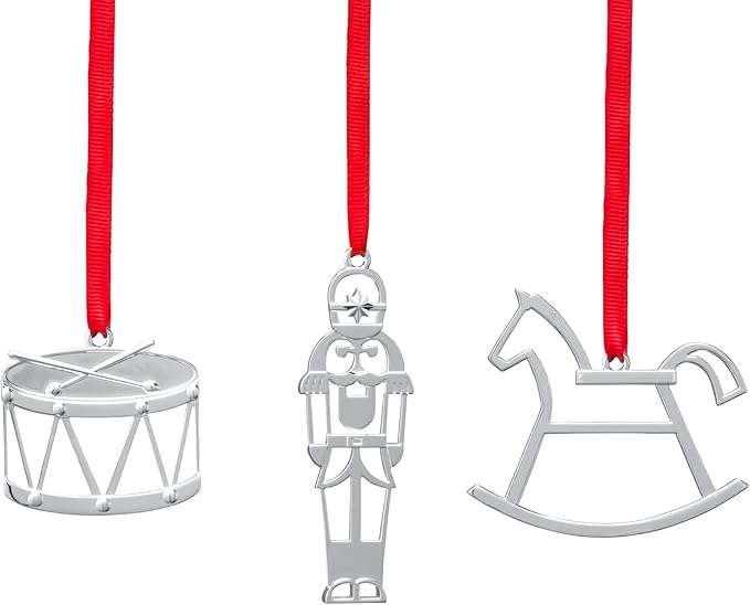 Nambe 2022 Miniature Ornament Set – Silver-Plated Rocking Horse, Nutcracker and Drum Christmas Ornaments, Holiday Tree Dec...