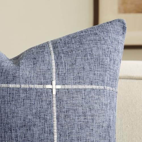 YZJZEDS 2 Packs Grid Embroidery Throw Pillow Covers, 20x20 Inch Navy Blue, Farmhouse Linen Decorative Navy Blue Cushion Co...