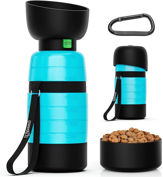 Pecute Upgraded 22 oz Dog Water Bottle with 5 oz Food Container, Portable Dog Travel Water Bottle Dispenser, Leakproof, BP...