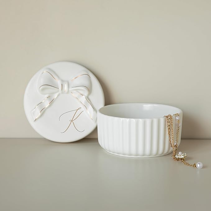COLLECTIVE HOME Monogram Initial Jewelry Box with Bow - Elegant Ring Holder & Earring Dish | Christmas Gift Idea for Wome...